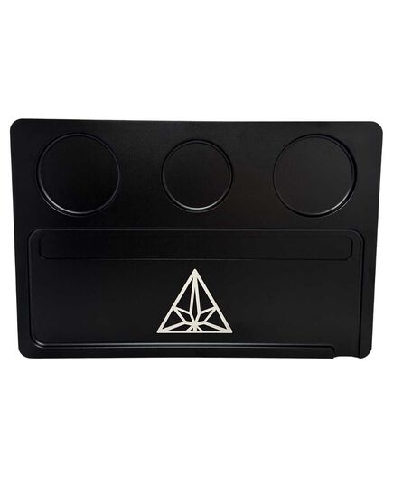 Close-up of the Treez Club Herb Rolling Tray in black, showcasing its sleek, modern design and durable aluminum construction, measuring 280 mm by 210 mm by 7 mm