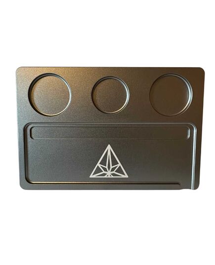 Close-up of the Treez Club Herb Rolling Tray in grey, showcasing its sleek, modern design and durable aluminum construction, measuring 280 mm by 210 mm by 7 mm
