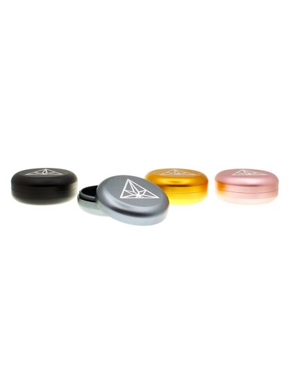 A set of Treez Club Herb Container Jars in black, space grey, gold, and rose, each compact and portable at 55 mm in diameter and 23 mm in height, weighing 50 gram