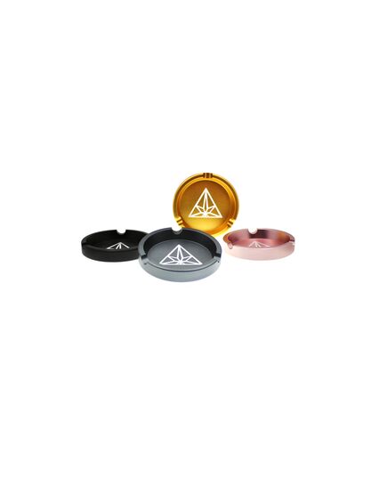 Close-up of four Treez Club Aluminum Ashtrays in black, grey, rose gold, and gold, highlighting their high-quality aluminum construction and compact, portable size