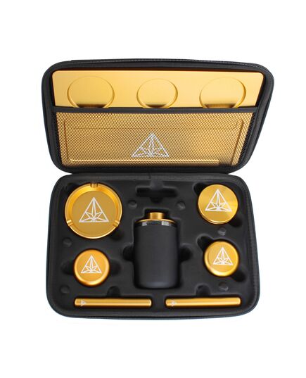 Treez Club gold Premium Accessories Case, a stylish and comprehensive set designed for herb storage and use.