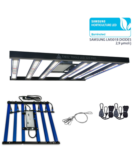 Treez Tools Grow Light LED 320 PRO mit energieeffizienter 2,9 μmol/j Leistung und EU-Stecker.