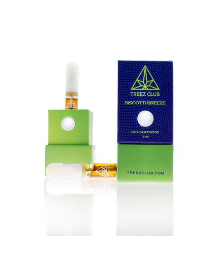 Treez Club’s Biscotti Breeze 0,5ML CBD Vape Kartusche, mit elegantem Design, weißem Mundstück und raffiniertem Treez Club Branding, bietet ein luxuriöses und stilvolles Dampferlebnis.