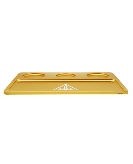 Close-up of the Treez Club Herb Rolling Tray in gold, showcasing its sleek, modern design and durable aluminum construction, measuring 280 mm by 210 mm by 7 mm