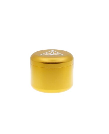 Close-up of the Treez Club CannaPuck 2.0 in gold, highlighting its waterproof and smell-proof threading design, ensuring herbs stay dry and fresh