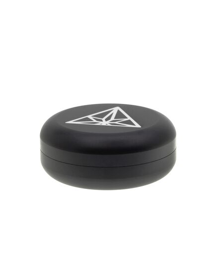 Close-up of the Treez Club CannaPuck Storage Jar in black, highlighting its waterproof and smell-proof threading design, ensuring herbs stay fresh and dry