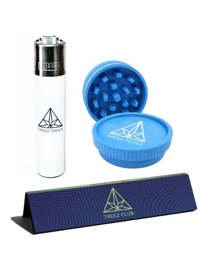 Treez Club set including Treez Club Papers, Treez Tools Grinder, and Treez Tools Lighter, offering a complete and high-quality smoking accessory package.