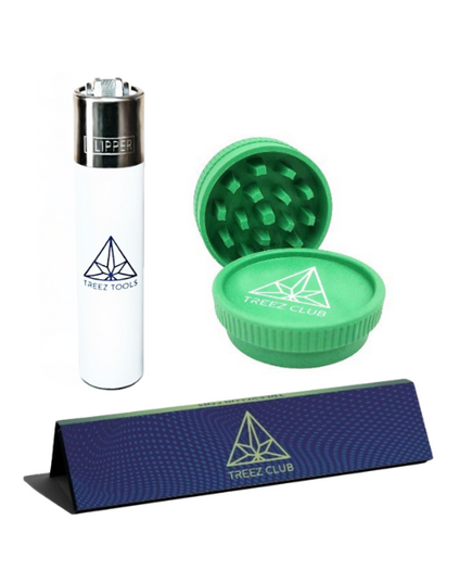 Treez Tools set including Treez Club Papers, Treez Tools Grinder, and Treez Tools Lighter, offering a complete and high-quality smoking accessory package.