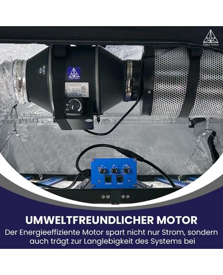 Leistungsstarker TREEZ TOOLS 4-Zoll Lüfter mit 205 CFM Luftleistung und variabler Geschwindigkeitskontrolle.