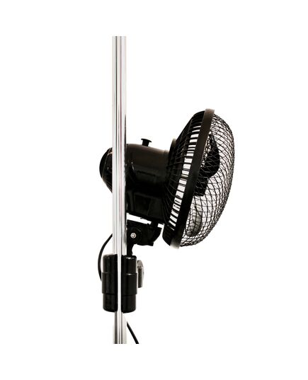 Compact Treez Tools 15cm oscillating fan in black, mounted on grow tent poles for optimal air circulation.