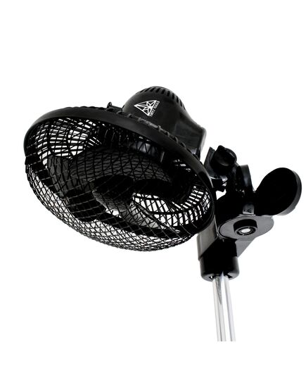 Close-up of Treez Tools black oscillating fan, featuring adjustable height and easy clip-on design