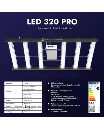 Produkt_Treez Tools Grow Light LED 320 PRO – Energieeffiziente Vollspektrum-LED-Grow-Lampe mit Samsung LM301B- und Epistar-Chips, 2,9 μmol/j Effizienz, dimmbar 0-10V, EU-Stecker, ideal für Vegetations- und Blütephasen_, 2 image_Cannadusa_Marktplatz_Kaufen